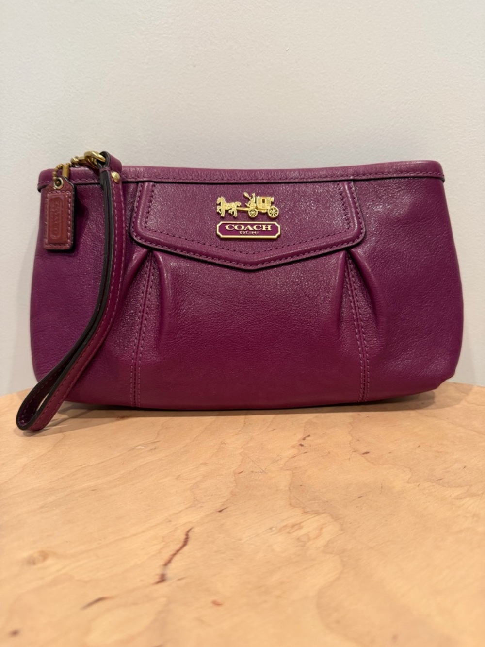 Coach Plum Leather Wristlet Clutch with Brass Hardware